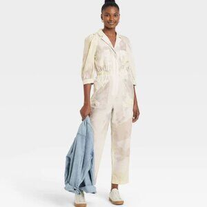Universal Thread 3/4 Puff Sleeve Watercolor White Floral Jumpsuit Sz. 6 NWT